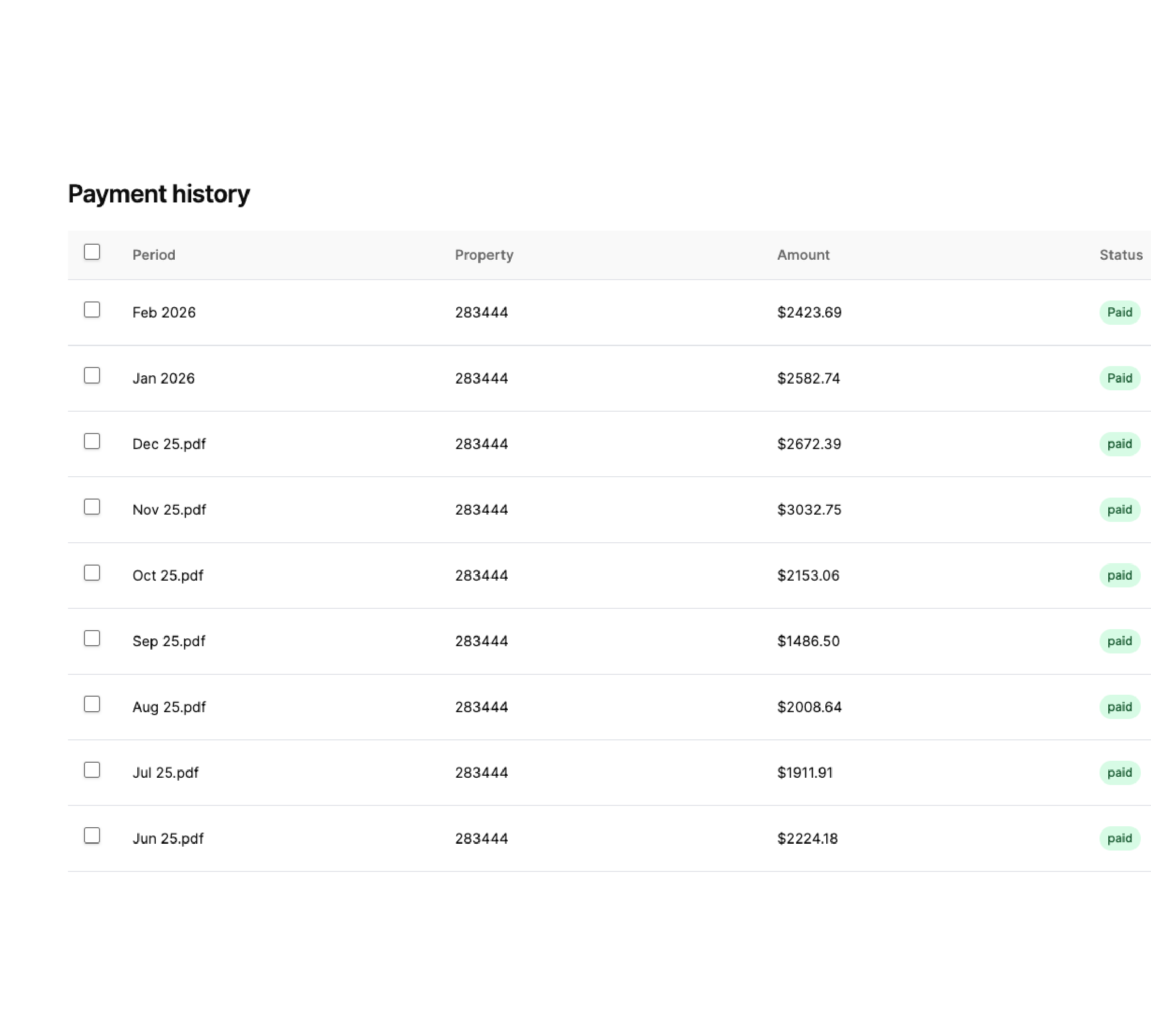 Owner portal payment history table with downloadable statements